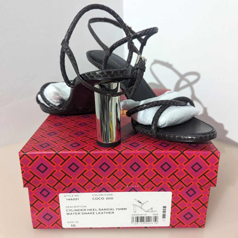 Tory Burch $428 Cylinder Metallic Silver Mirror Heel Sandal Chocolate Brown Coco